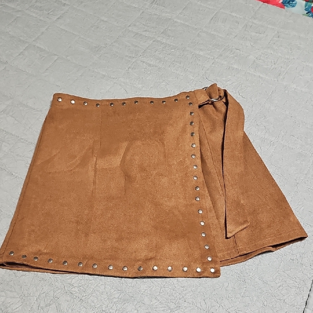 Cupshe Tan Faux Suede Studded Wrap Mini Skirt